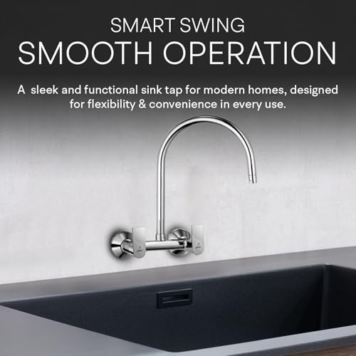 Image of Jaquar Wall Mounted Sink Mixer with Regular Swinging Spout, Connecting Legs & Wall Flanges, Stylish & Durable Faucet for Kitchen & Bathroom, Sliver, Chrome Finish