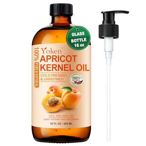 Yoken Cold Pressed Apricot Kernel Oil 16 fl oz Glass Bottle - Single Ingredient 100% Pure and Natural Apricot Oil Lightweight Carrier & Massage Oil for Skin & Hair Unscented & Hexane Free