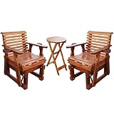 Beneouya Outdoor Glider Chair, 3 Piece Wooden Glider Patio Furniture Set with Round Table, Cupholder, High Back and Deep Contoured Seater, for Porch, Patio and Balcony, Cedar Brown