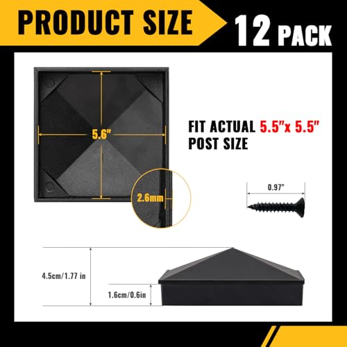 Image of VIVIDA 6x6 Aluminum Post Caps(Actual 5.5 inch x 5.5 inch), Black Metal Fence Post Caps with Waterproof Matte Powder Coated, for Wooden Fence, Deck, Mailbox, Patio, Screw & Driver Bit Included, 12 Pack