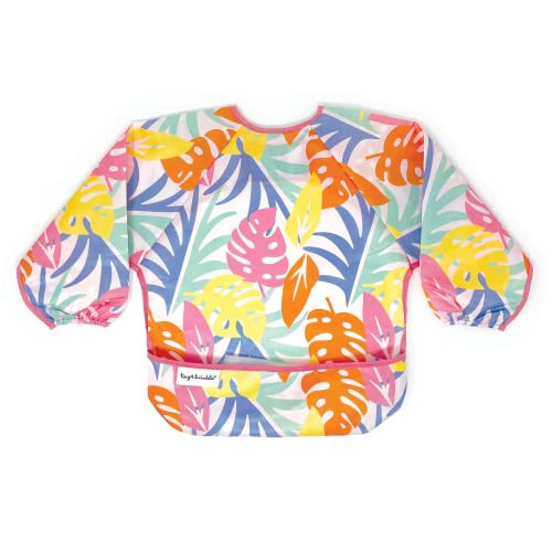 Image of Tiny Twinkle Mess Proof Baby Bib, Cute Full Sleeve Bib Outfit, Waterproof Bibs for Toddlers, Machine Washable, Tug Proof Closure, Baby Smock for Eating, Long Sleeve (Pink Palm, Small 6-24 Months)