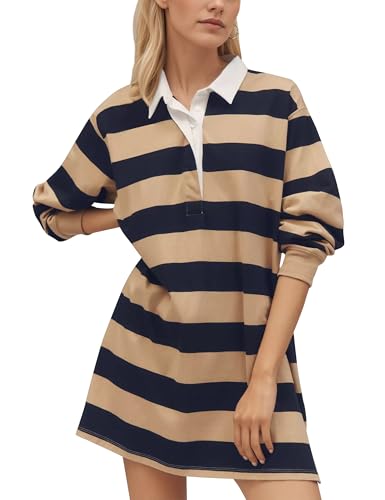 AIHUKOCY Women Striped Lapel V Neck Long Sleeve Mini T Shirt Dress Collar Contrast Short Dress Casual Stripe Fall Polo Dress
