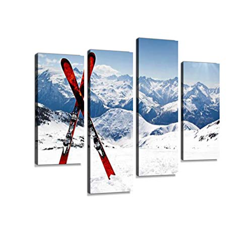 Pair of red skis crossed and wedged in snow on mountain Canvas Wall Art Hanging Paintings Modern Artwork Abstract Picture Prints Home Decoration Gift Unique Designed Framed 4 panel