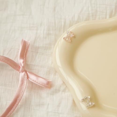 Image of Jewelry Dish Trinket Tray for Women, Ring Dish Holder, Unique Cloud Shape Ceramic Plate Cute Things Vanity Aesthetic Room Decor Mother's Day Birthday (Bow Cream)