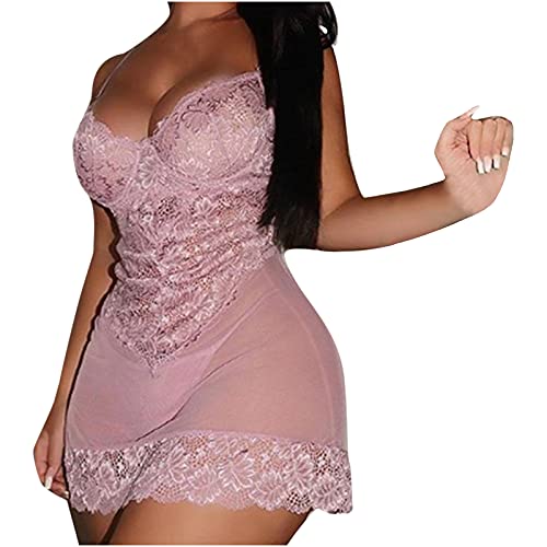 Women Lingerie Lace Babydoll Strap Chemise Halter Teddy V Neck Nightwear Satin Sleepwear Lace Chemise Mini Teddy Pink