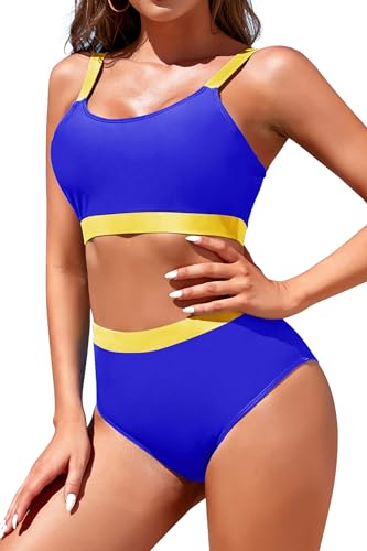 Image of Womens High Waisted Bikini Sets Sporty Crop Top Color Block Swimwear Bandeau Scoop Neck Vintage Two Piece Bathing Suits