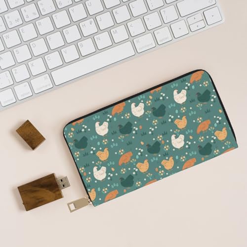 Leather Thin Slim Wallets for Women Men - Cute Chicken Meadow Flowers Green Clutch Wallet for Women Men with Zipper4