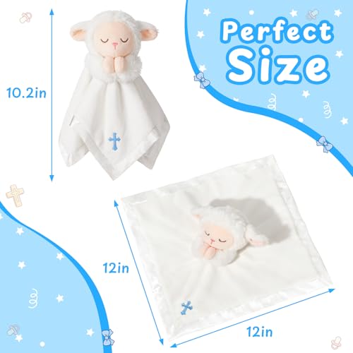 Image of Lamb Baptism Blanket, Lamb Loveys for Baby Boys, Security Blanket with Embroidered Blue Cross, Soft Baby Blanket for Newborns Toddlers, Baptism Gifts for Christening Baby Showers, 12in