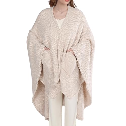 JOOJA Wearable Blankets for Women Comfy Office Chair Blanket Ponchos Shawl Wrap with Pockets Feather Yarn Cozy Shawl for Adults Teens Feather Beige 58X64