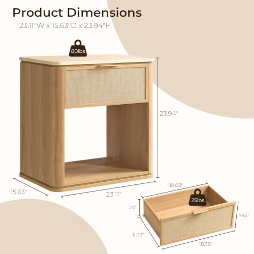 Image of Night Stand Set of 2, 23.11 inch W Rattan Nightstand with 1 Drawer and Open Shelf, Faux Marble Top Bedside Table, Boho Mid Century End Table for Bedroom Living Room Office, Natural Oak [FSC Certified]