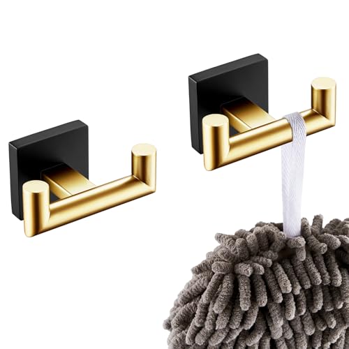 Image of KOKOSIRI Robe Hooks Bath Towel Hooks Bathroom Hardware Double Coat Hooks Wall Mounted, Stainless Steel 2 Pack Black with Gold B1015GDK-P2