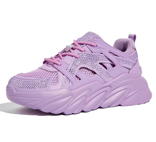 LUCKY STEP Women's Chunky Rhinestone Fashion Sneakers | Sparkly Platform Thick Dad Rave Mesh Walking Shoes