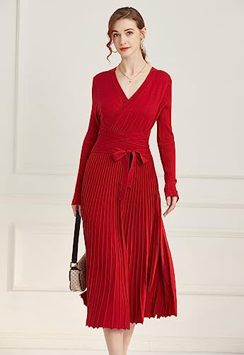 Image of RanRui Womens Winter Fall Pleated Knitted Fit and Flare Long Sleeve Sweater Dress