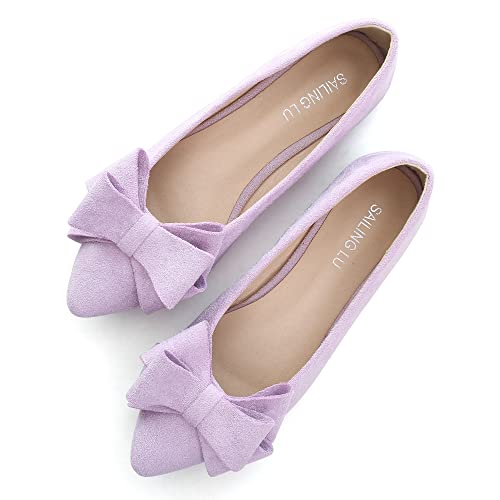 Image of SAILING LU Womens Bowknot Ballet Flats Pointy Toe Suede