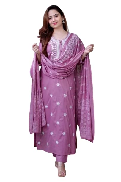 Image of Royal Export Women's Viscose Floral Embroidered Straight Kurta Pant with Dupatta Set | Kurta Sets for Women