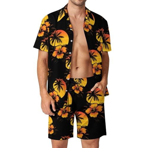 Camisa de botones y pantalones cortos de hombre con estampado Hawaiian Sunset Palm Trees