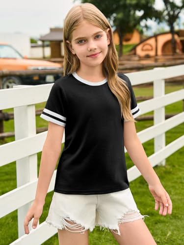 Image of Haloumoning Girls Short Sleeve T Shirts Kids Summer Crewneck Color Block Tops Fashion Tees 5-14 Years