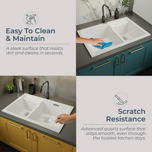 Image of ARQUIN Double Bowl Quartz Kitchen Sink 31x18x9 Inch Sand Pluto | Durable & Scratch-Resistant Sink | Undermount,Topmount | Including Coupling,Sink Connector,Waste Pipe & Fruit Washing Basket