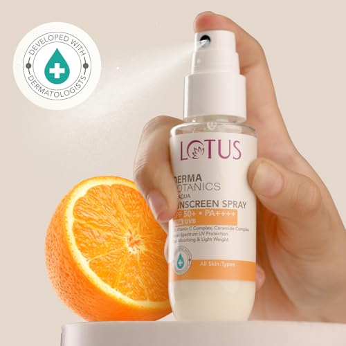 Image of Lotus Dermabotanics 3% Vitamin C Complex + Ceramide Complex UV Aqua Sunscreen Spray SPF 50 and PA++++ | Fast Absorbing | Water Texture | Light Weight | Broad Spectrum UV Protection | Made With Dermatologists | All Skin Types | 50ml