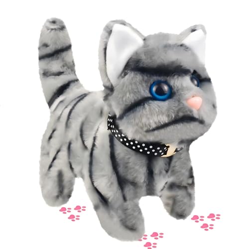 Childrens Tabby Toy Cat with Sound and Action Functions Can Walk Open Mouth Interactive Electronic Pet Plush Tabby Cat Toy Suitable for Young Childrens Birthday Gifts.18cm (Tabby Cat)