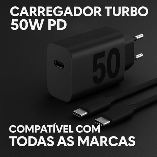 Carregador Premium Fast Turbo Rápido 50W Tipo C USB-C Power Delivery Quick Charge Bivolt Com Cabo Compatível iPhone 15, 16, Android Entrada Tipo C Carga Ultra Rápida Tomada Celular Original - Imagem 5