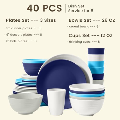 Image of Homienly 40 PCS Wheat Straw Plates and Bowls Sets, Cups Sets, Service for 8, Unbreakable Microwave and Dishwasher Safe Dinnerware Sets,Reusbale Plastic Dishes Set - Island, Matte