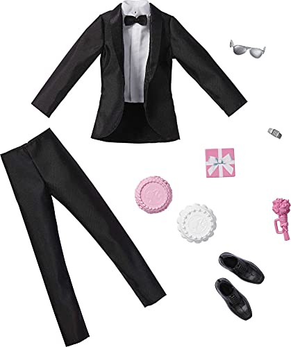 Mattel - Barbie Ken Fashion 2-Pack, Groom Outfit for Ken Doll with Tuxedo, Shoes, Watch, Gift, Wedding Cake with Tray & Bouquet