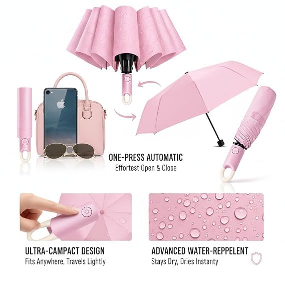 Image of UV Reversible Umbrella with Novelty Carabiner Handle, Travel-Friendly Umbrellas for Sun & Rain Protection, Windproof Compact, Automatic Open /Close,Plant Cutter for Home Garden Men and Women