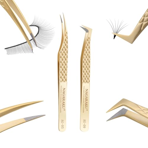 NAGARAKU Eyelash Tweezers, 1 Pair Precision Fiber Tip Tweezer for Lash Extensions Volume Grip Tweezers Antistatic Straight Curved Tip Stainless Steel with Box -Dolphin & L Typ Tweezers AG-05 & AG-09