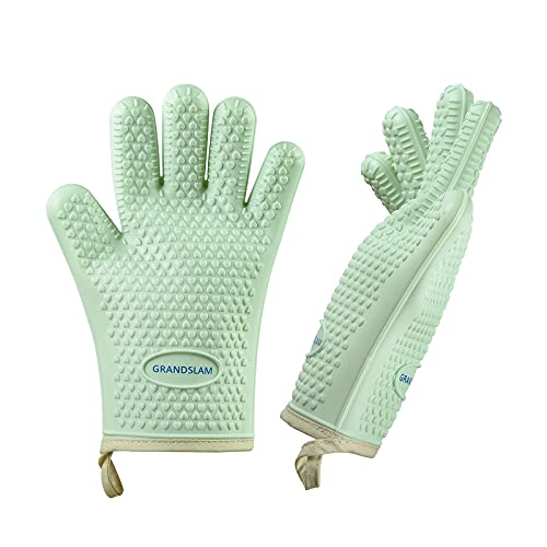 GRANDSLAM Grill Silicone Smoker Oven Gloves-Extreme Heat Resistant BBQ Gloves-Deal Hot Food on Your Grill Barbecue Fryer & Pit, Waterproof Grilling Cooking & Baking Mitts for Kitchen & Outdoor (GREEN)