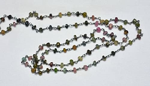 Chaîne rosaire tourmaline multicolore LKBEADS perle rondelle fil noir création bijou