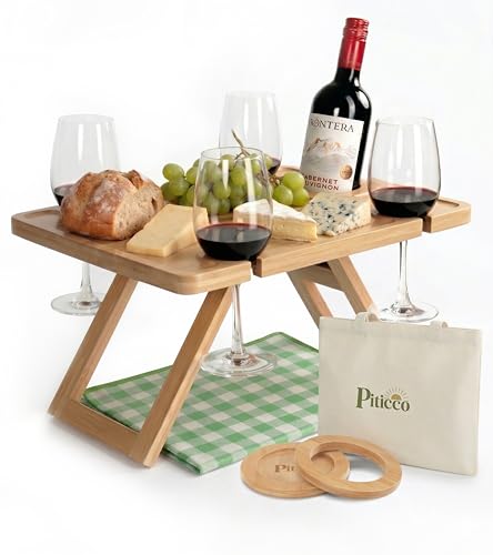 Piticco Portable Wine Picnic Table - Foldable Bamboo Snack Tray with Glass & Bottle Holders - Picnic Wine Set for Beach Camping Park - Gift for Wine Lovers