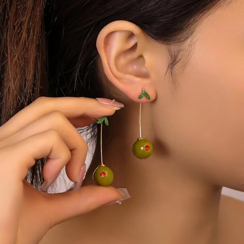 Statement Olive Earrings – Asymmetrical Fruit Drop Design with Gold Stem, Fun Costume Jewelry for Women Holiday Party2