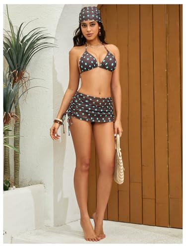Image of RoseSeek Women's 4 Piece Polka Dots Bathing Suits Cover Up Skirt & Bandana