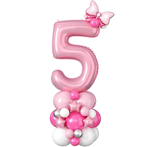 40 Inch Pink Number 5 Balloon for 5th Birthday Decoration Pastel Baby Pink Number Five Foil Balloon Tower Giant Large Digit Hot Pink White Helium Mylar Balloons Stack Stand for Girls Anniversary Party