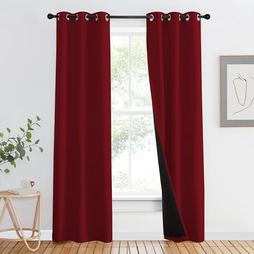 Image of NICETOWN 100% Blackout Curtains with Black Liner Backing, Thermal Insulated Curtains for Living Room, Noise Reducing Drapes for Christmas, Burgundy Red, 37 inch x 80 inch Per Panel, Set of 2
