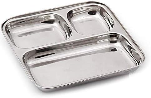 Stainless Steel 3 Compartment Rectangle Plate (Silver, Set of 6)