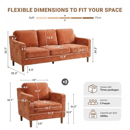 Image of Kingfun Couch Sets for Living Room, 3 Seater Couch and Armchair, Mid Century Modern Sofa Set, Chenille Couch with Solid Wood Frame for Bedroom