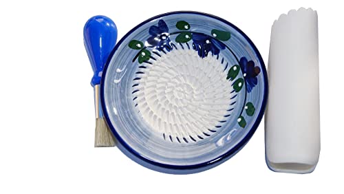 feprom Keramik-Reibe Knoblauchreibe mit Pinsel und Knoblauchschäler Ingwerreibe Schokoladenreibe Reibeteller Käsereibe Handarbeit Handgemalt aus Spanien Cover