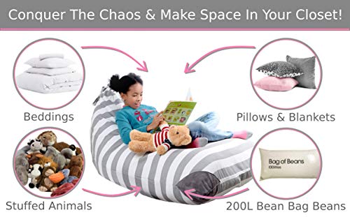 Xl Stuffed Animal Storage Bean Bag Chair By Mylola | Premium Quality Cotton Canvas Cover | Kids Soft Toy Organizer Fits 200L | Makes Comfy Lounger #TOP3