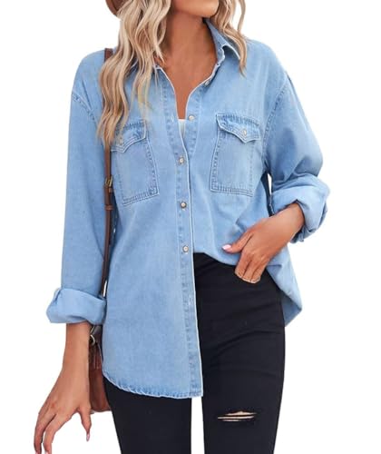 Women's Spring Long Sleeve Pocket Denim Jean Button Down Shirt Business Blouse