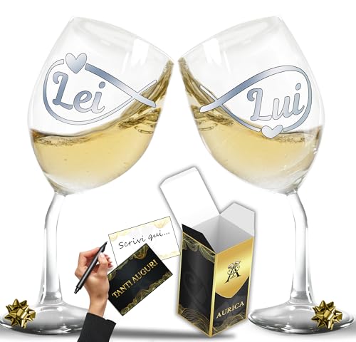 Aurìca Calici Vino Personalizzati LUI&LEI – Set 2 Bicchieri Piegati Romantici Con Simbolo Dell'Infinito Per Brindare Insieme - Regalo Coppia Perfetto Per San Valentino Con Confezione Regalo Inclusa