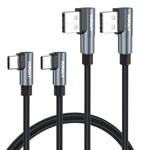 SUNGUY Right Angle USB C Cable 3FT 2Pack Dual 90 Degree USB A to USB C Cable for Gaming Switch Tight Spaces Type C Fast Charging Cable Braided for iPhone 17/16/15 Samsung Galaxy S26/S25/S24