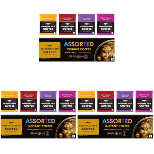 Image of COLOMBIAN BREW COFFEE Colombian Brew Assorted Instant Coffee Powder Box |Gift Pack Box Diwali, Rakhi| 80Gm|Strong,Vanilla,Hazelnut,Caramel| (Pack of 3)