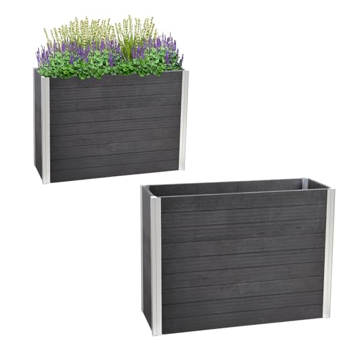 TRUTZHOLM Pflanzkasten lang 117 x 42 x 85 cm Holzoptik bis 226 Liter Holzoptik Pflanzkübel Blumenkasten Hoochbeet auch als Sichtschutz Gemüseanbau langlebig Alu Profile nachhaltig Kräuterbeet
