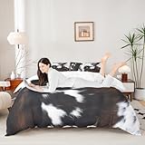 Cow Fur Print Duvet Cover Set Full Size,Cowhide Bedding Set 3pcs for Kids Teens Girls Boys Room Decor, Farmhouse Animal Skin Comforter Cover Rustic Black White Brown Quilt Cover with 2 Pillowcases