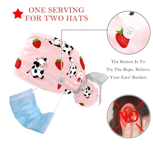 Image of 2 PCS Bouffant Cap with Button Ponytail Pouch Working Cap Sweatband Adjustable Surgical Cap Black and White Cow