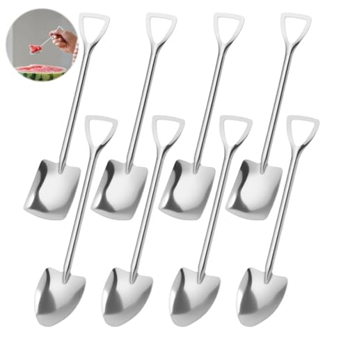 8 Stück Edelstahl Spatenlöffel, schaufelförmiger kreativer Schaufelnetz roter Löffel, Schaufelförmige Löffel für Desserts, Eistee, Kaffee,...