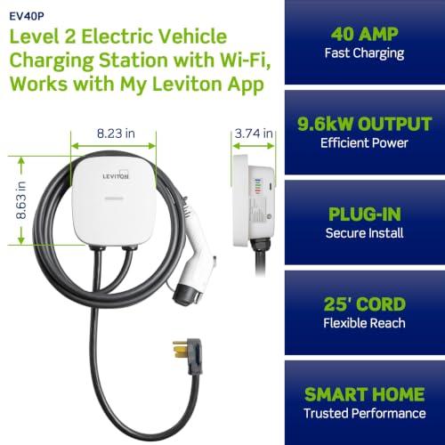 Image of Leviton Level 2 Smart EV Charger with Wi-Fi, 40 Amp, 9.6kW Output, 25' Cable, NEMA 14-50P, Indoor /Outdoor Plug-In EV Charging Station, My Leviton Compatibility, EV40P EVSE, White-Black