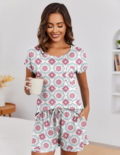 Image of Ekouaer Womens Pajama Sets 2 Piece Soft Short Sleeve Top and Shorts Sleepwear Round Neck Pjs Lounge Set with Pockets
